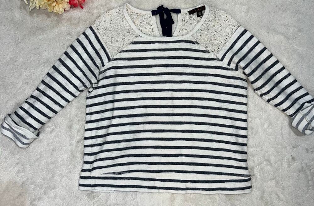 Fever Striped Long Sleeve Knit Top Lace Yoke Casual Nautical Size Medium Boho
